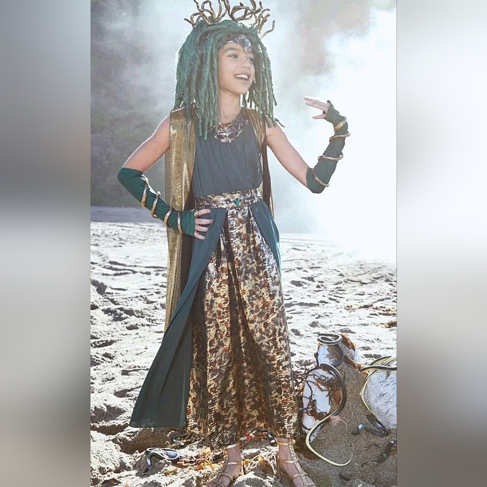 8PC MEDUSA COSTUME + WIG Chasing Fireflies Gold Green Accessories 10 12 14